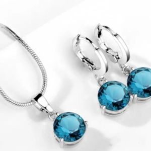 3pcs Earrings Rope Necklace Elegant Jewelry Set 925 Sterling Silver Blue CZ